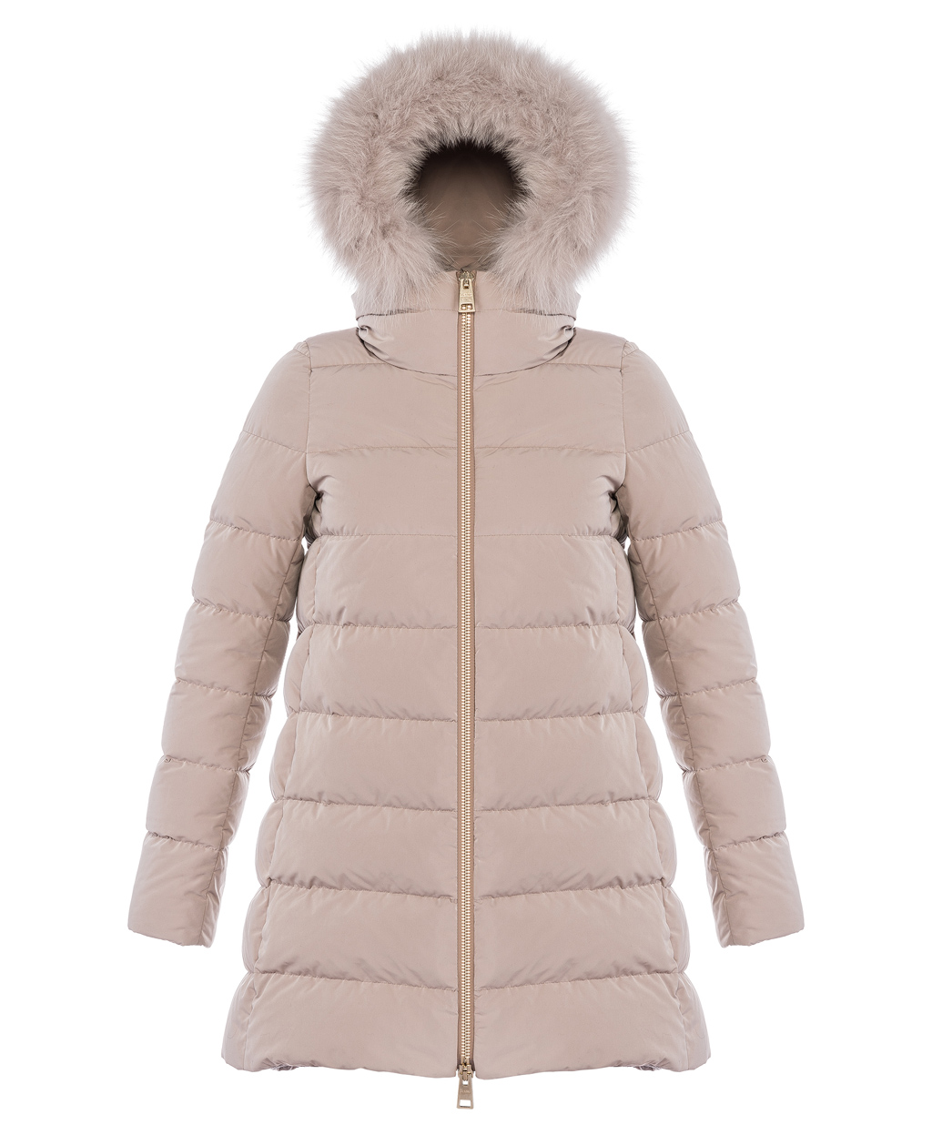 HERNO DONNA - Iconica forma A-Shape per il piumino realizzato in nylon mat dall'effetto manopesca e chiuso dalla maxi zip dorata. Il cappuccio e il bordo in pelliccia sono entrambi staccabili. Si avvale della tecnologia Polar-Tech, maggior imbottitura e altamente isolante.