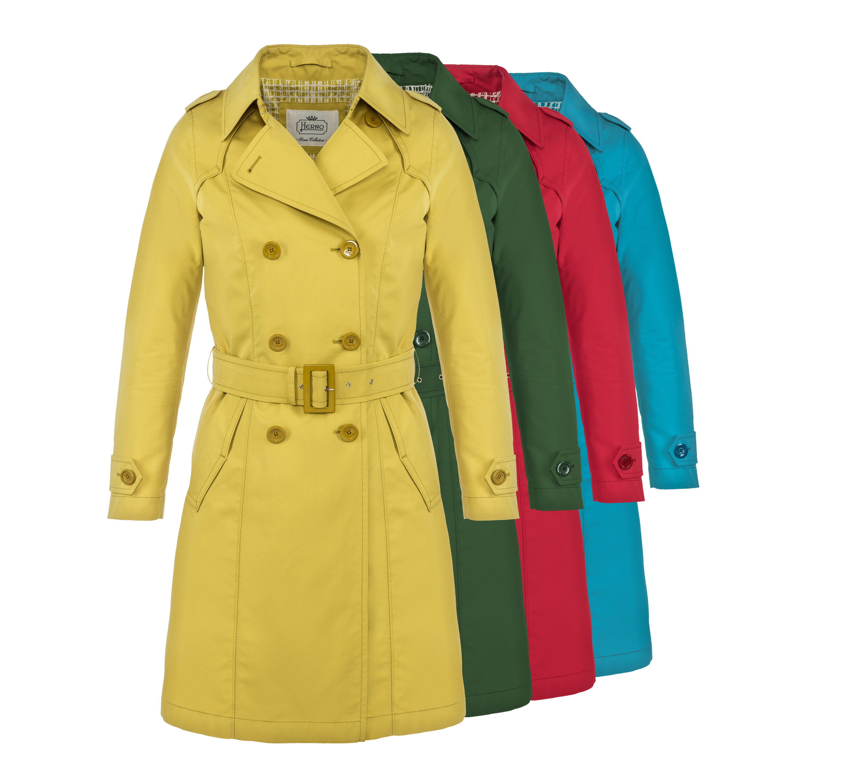 HERNO DONNA - La Rain Collection, contraddistinta dallâ€™etichetta vintage originale degli anni â€™40, presenta il capo icona per eccellenza in versione technicolor. Il classico trench in cotone trattato antipioggia si declina nelle varianti rosso ciliegia, giallo sole, verde bandiera, turchese e bianco optical. La nuova Rain Color Ã¨ destinata a rompere la monotonia della pioggia.