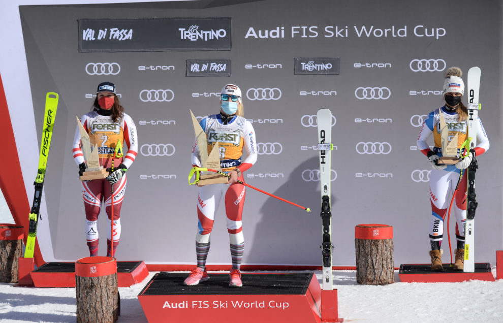 SKI WORLD CUP 2020/2021 - Ramona Siebnhofer (Aut) Lara Gut-Behrani (Svi) Corinne Sutter (svi) Val di fassa , Italy, 26/2/2021 , photo Pentaphoto