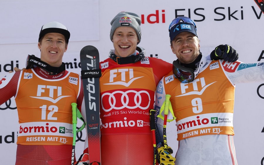 Podio supergigante maschile, Bormio 29 dicembre 2023 - foto credist Pentaphoto