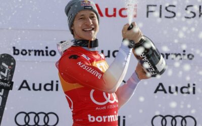 Marco Odermatt festeggia la vittoria nel SuperG di Bormio 2023 - foto credits Pentaphoto