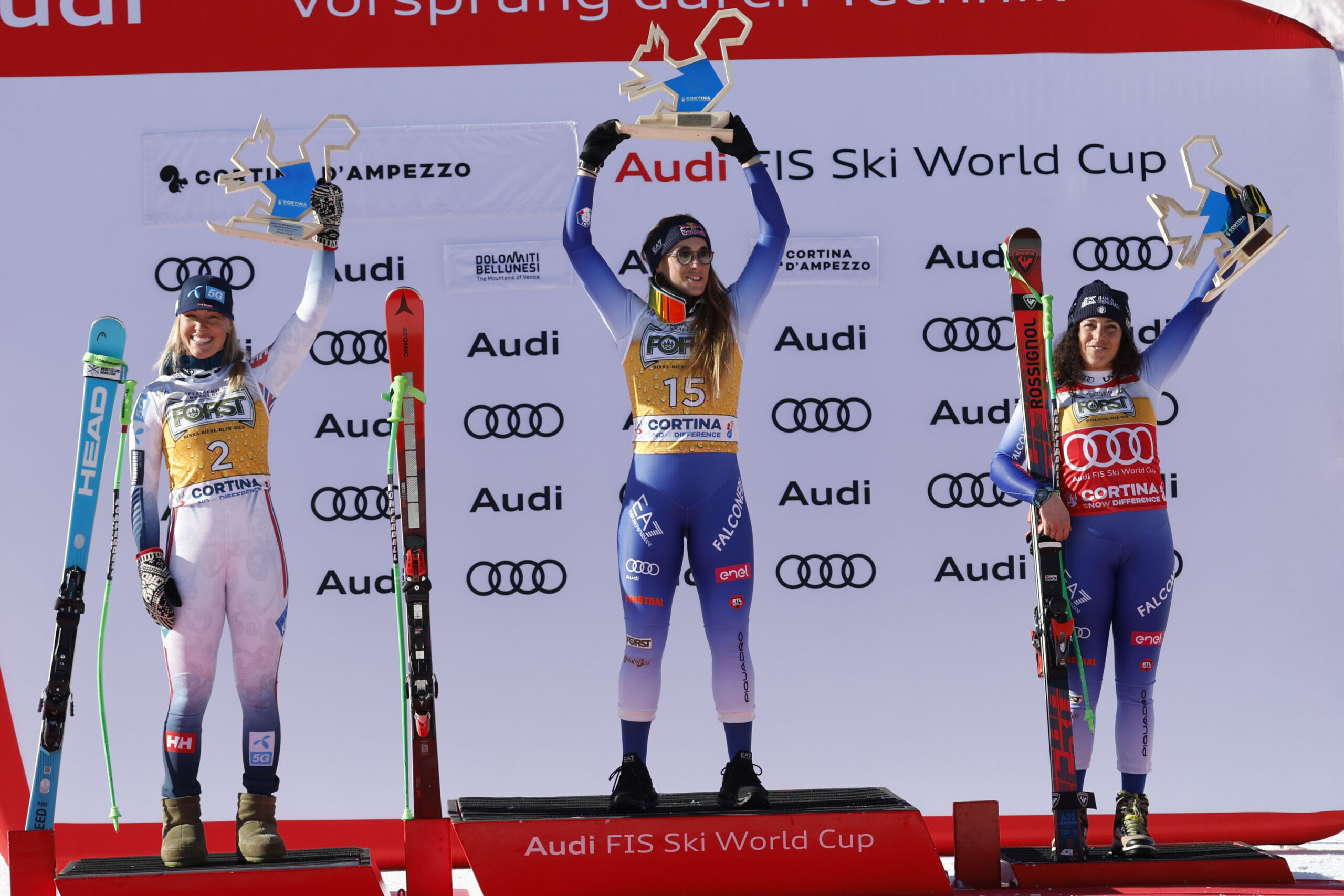 FIS SKI WOLD CUP 2024-2025. Vickhoff Kajsa Lie (NOR) Sofia Goggia (ITA) Federica Brignone (ITA) Cortina dAmpezzo (ITA) 18/01/2025 Photo: Alessandro Trovati/Pentaphoto