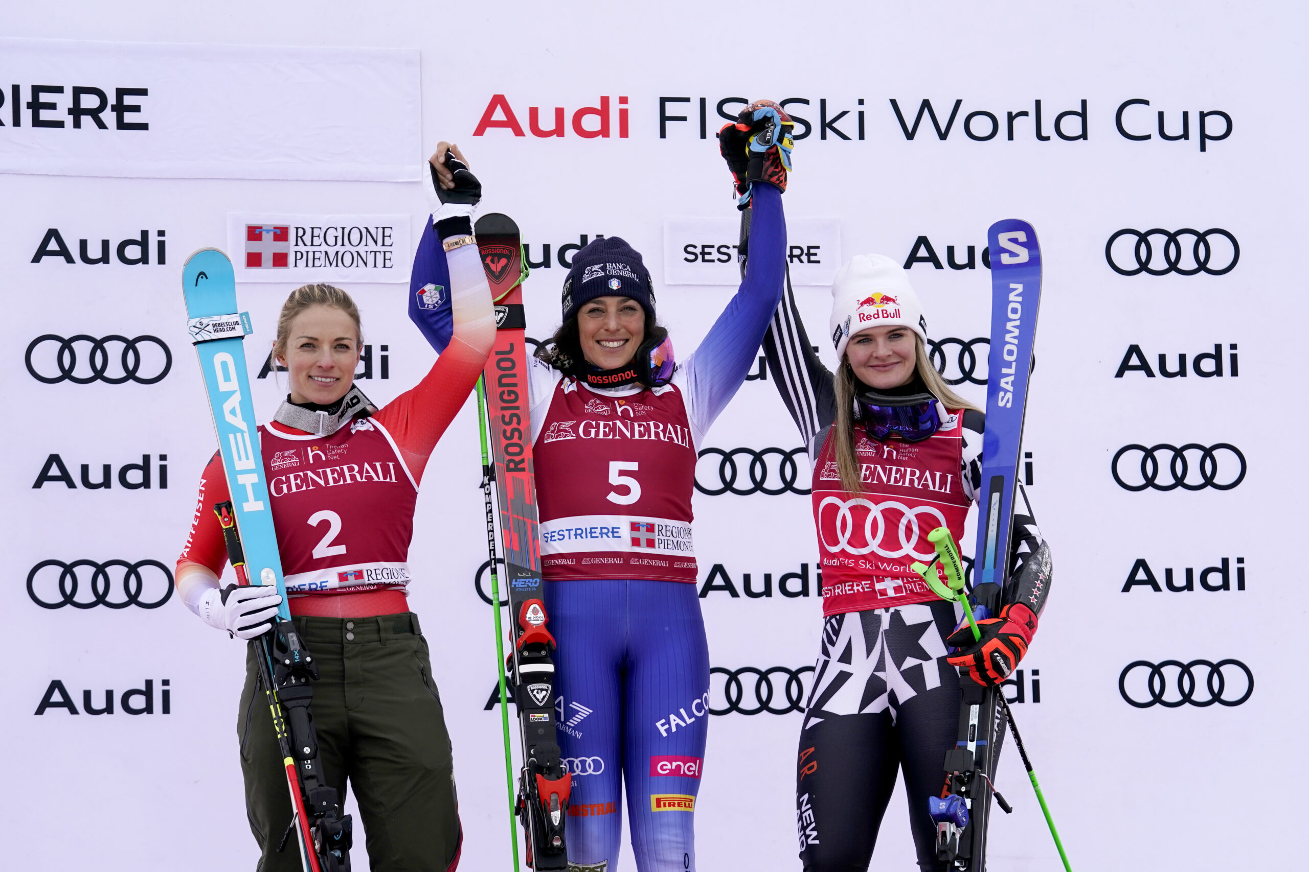 Fis Alpine Ski  World  Cup 2024/2025. Lara Gut (SUI), Federica Brignone (ITA) and Alice Robinson (NZL) 
Sestriere (ITA), 22/02/2025 
Photo: Pier Marco Tacca /Pentaphoto