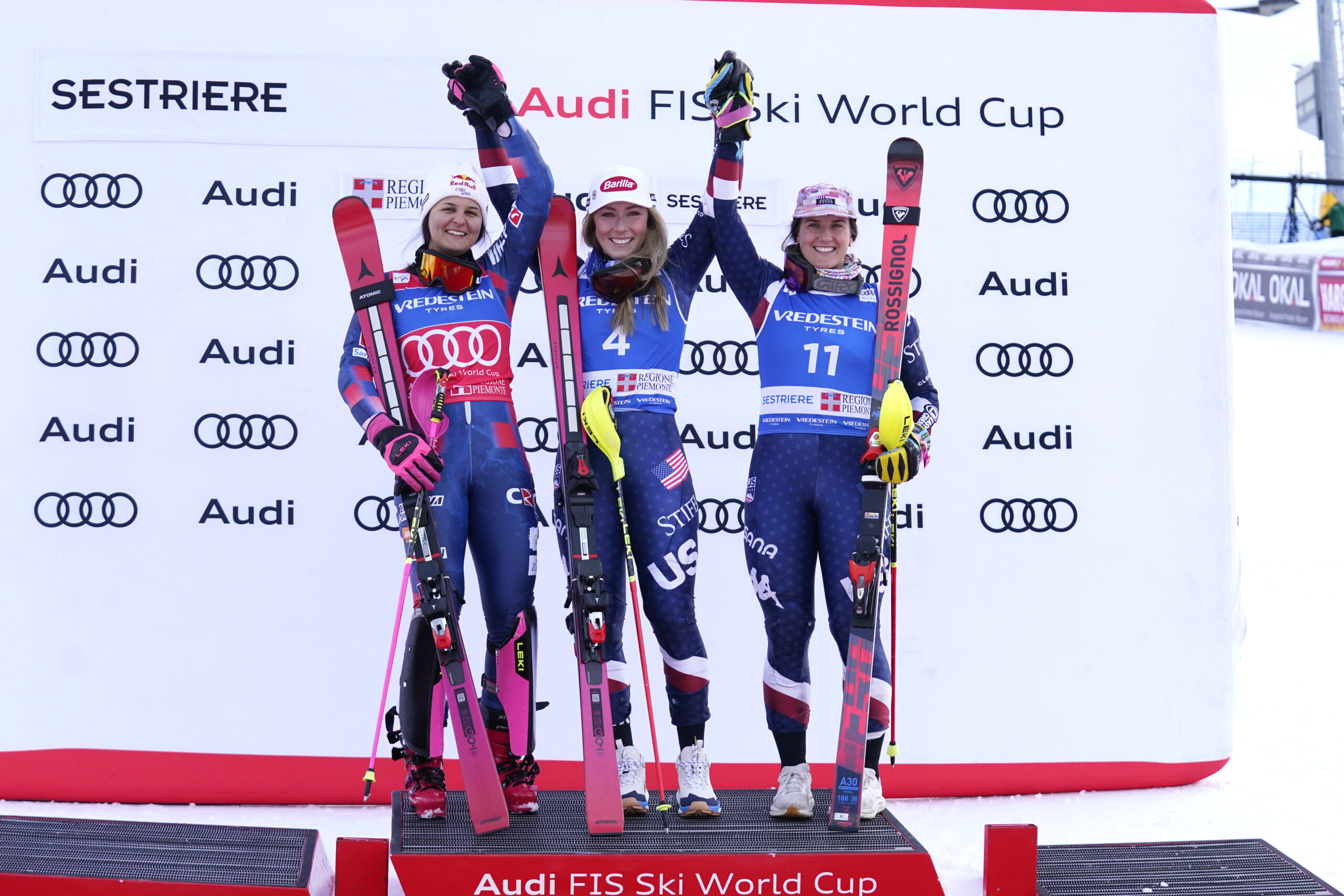 Fis Alpine Ski  World  Cup 2024/2025. Zrinka Ljutic (CRO) Mikaela Shiffrin (USA) and Paula Moltzan (USA)Sestriere (ITA), 23/02/2025 
Photo: Pier Marco Tacca /Pentaphoto